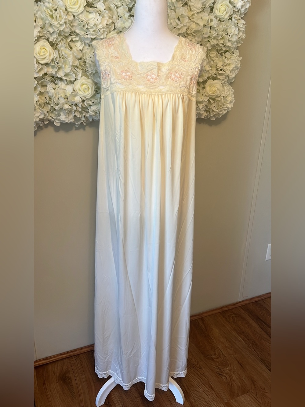 Vintage Nylon Cream Long Lace Yoke Nightgown - Feminine Long Slip